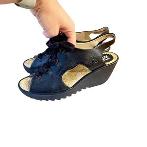 Fly London Yoko Black Leather Wedge Sandals EU 40 US 9–9.5 Cutout Lace-Up Comfo